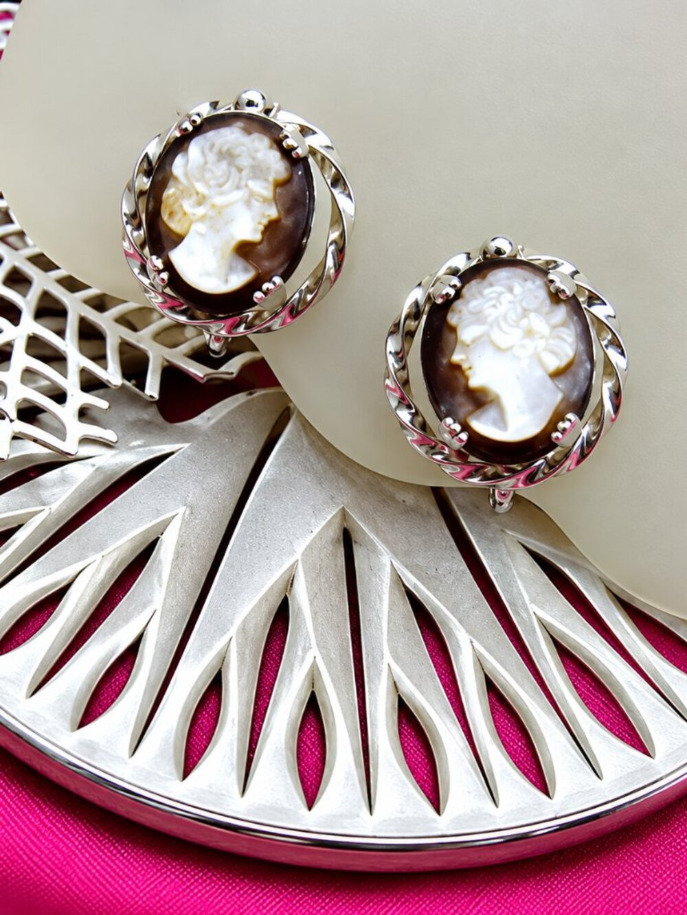 1950s Signed SORRENTO Vintage Cameo Earrings Sterling w Mother of Pearl